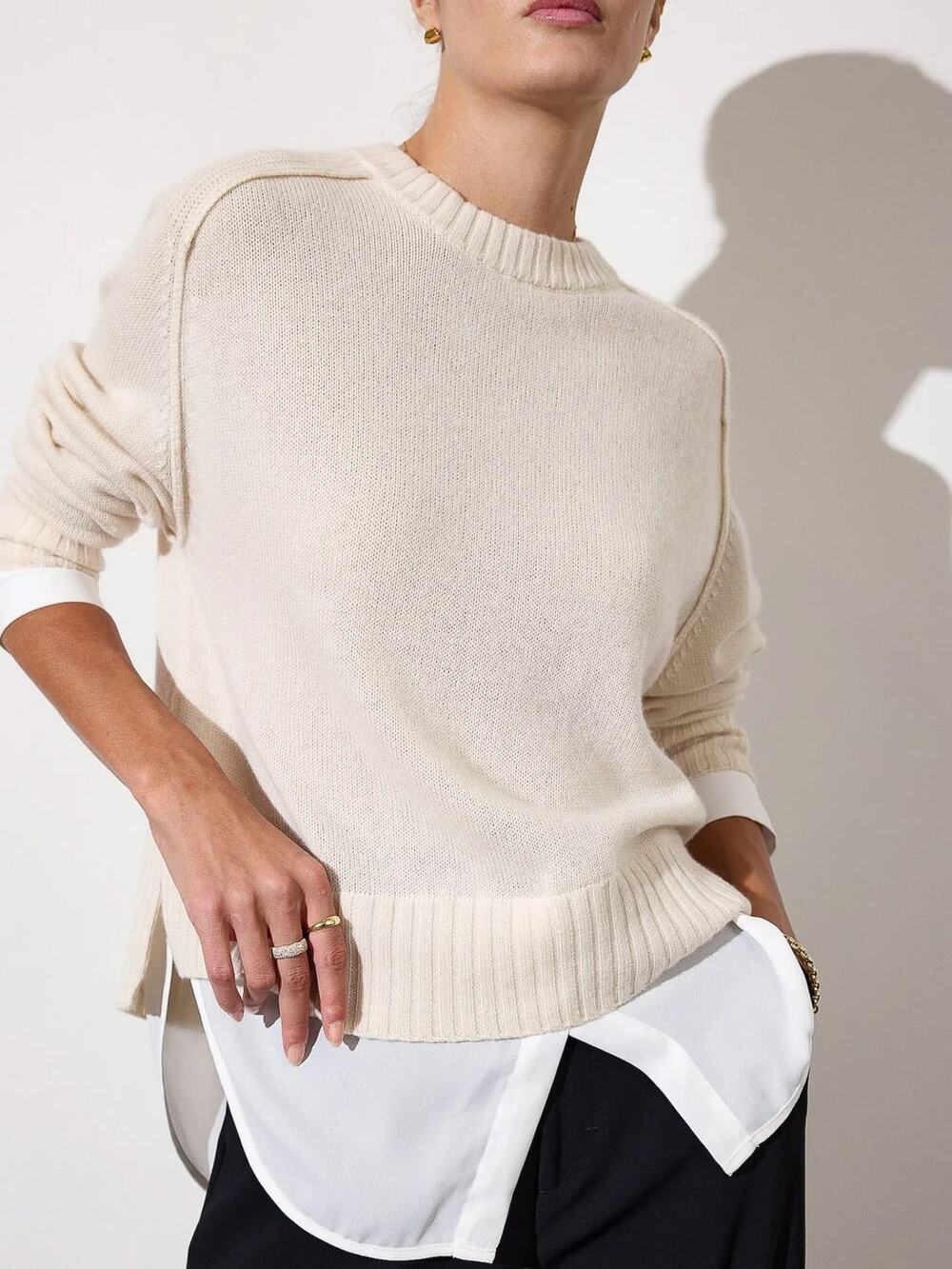 Brochu Walker The Parson Crew Looker Layered Cashmere Almond White Medium M